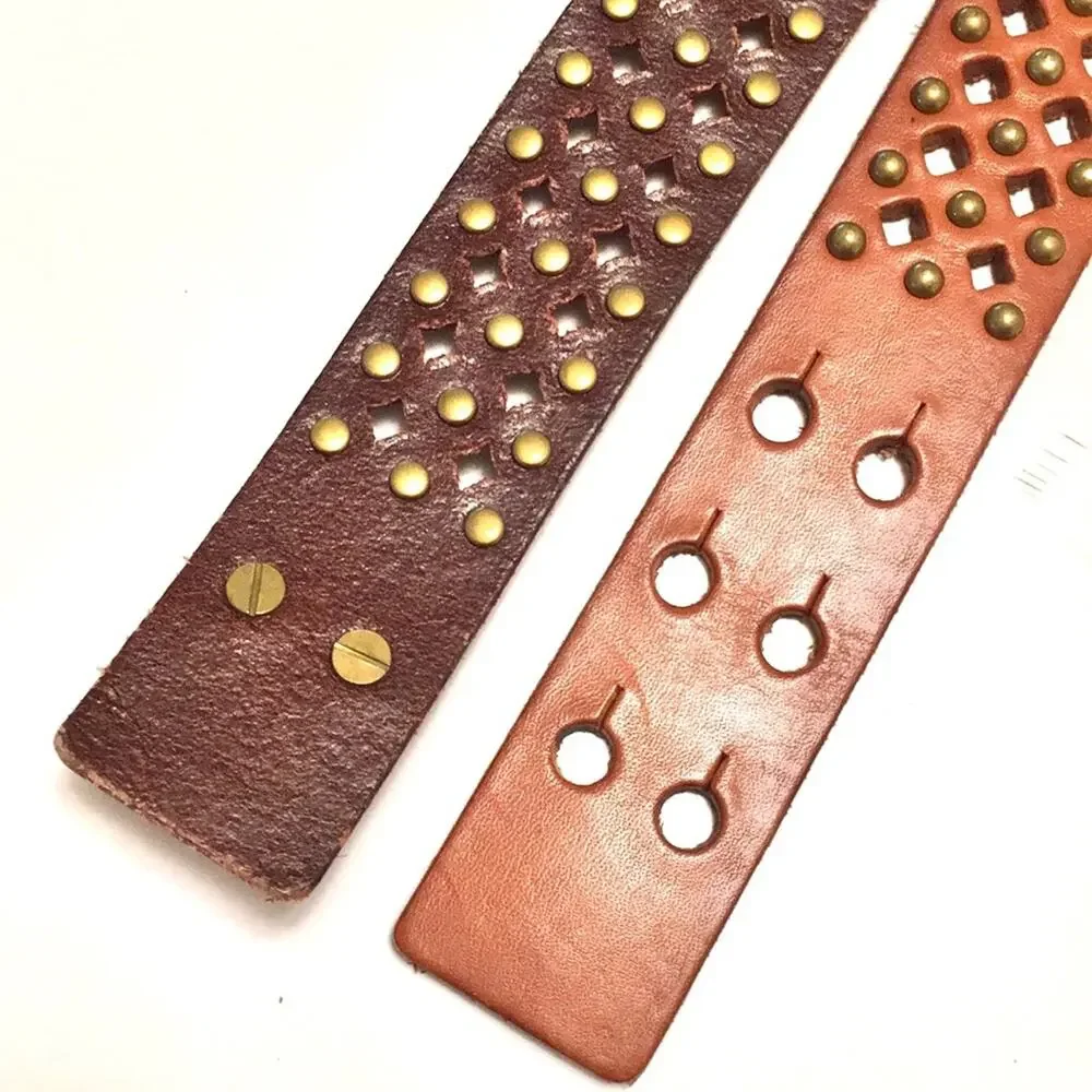 Boho leather belt no buckle closure system cognac